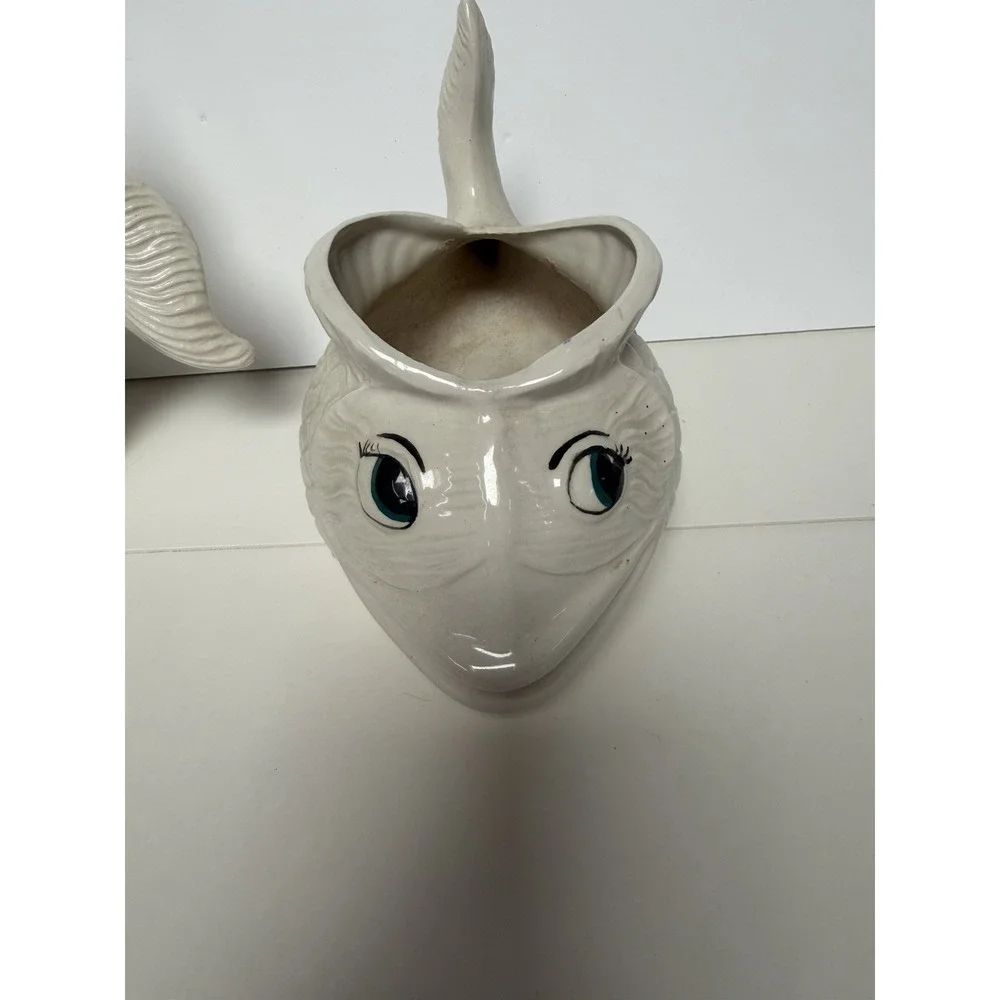 Vintage Ceramic White Fish Planter Pair Graduated Sizes MCM Koi Anthropomorphic - Picture 4 of 12